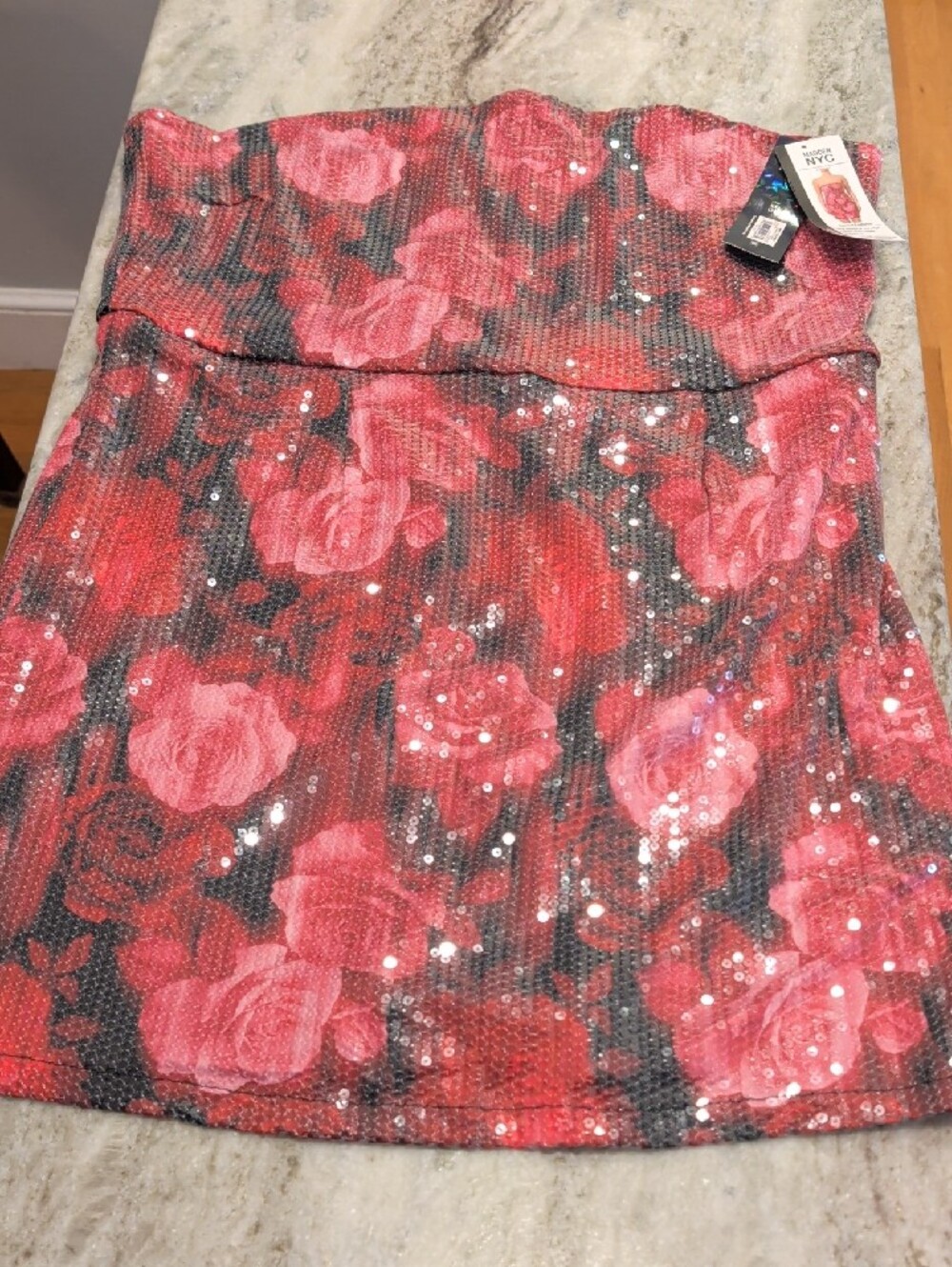 Sequined Pink Floral Strapless Mini Dress